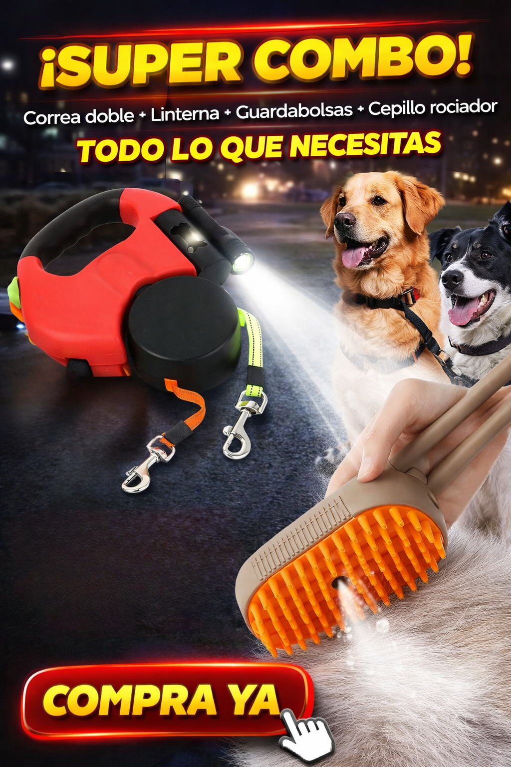 Sistema Dual-Walk 360™: Correa Anti-Enredos + Cepillo de vapor para tu peludo