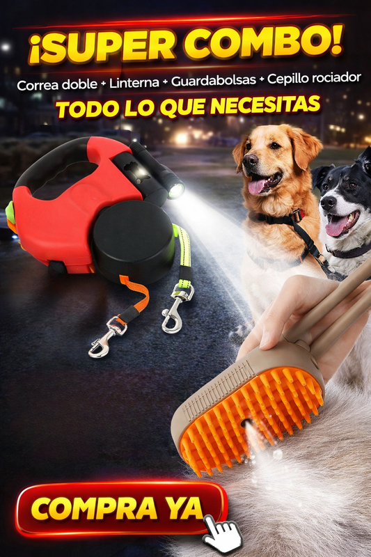 Sistema Dual-Walk 360™: Correa Anti-Enredos + Cepillo de vapor para tu peludo