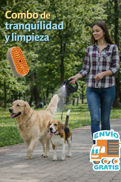 Sistema Dual-Walk 360™: Correa Anti-Enredos + Cepillo de vapor para tu peludo