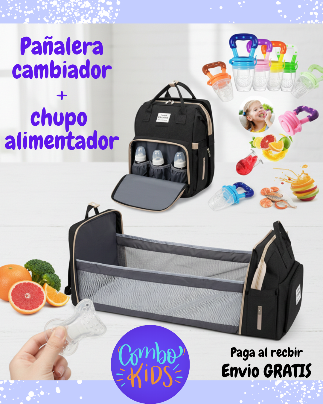 Pañalera Cambiador + Chupo alimentador de regalo + GARANTIA