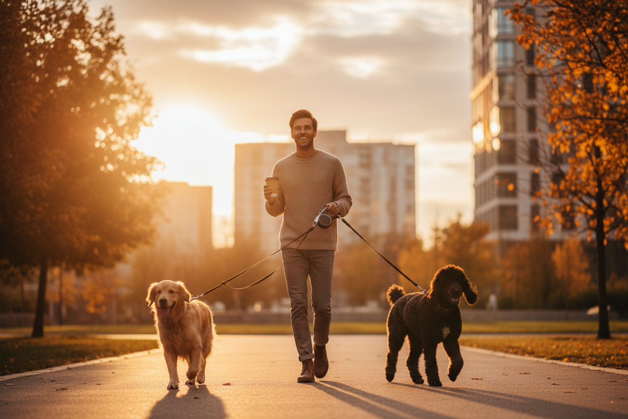 Lifestyle: Persona feliz paseando dos perros sin enredos al atardecer con Sistema Dual-Walk 360, mano libre, momento de libertad y control