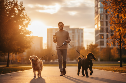 Lifestyle: Persona feliz paseando dos perros sin enredos al atardecer con Sistema Dual-Walk 360, mano libre, momento de libertad y control